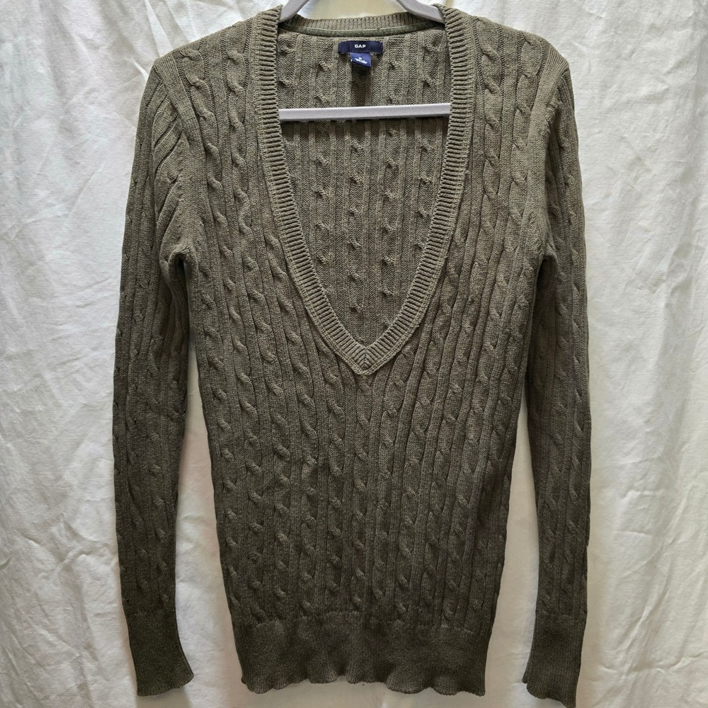 Y2K GAP Cable Knit V Neck Sweater Olive Green Women's Medium Cotton Angora Blend